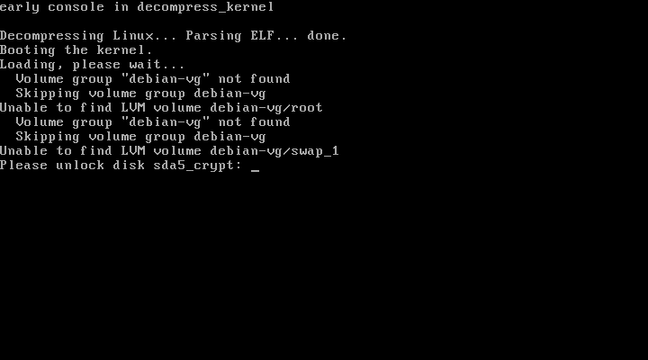 Imagem de tela do Debian pedindo frase criptográfica no boot