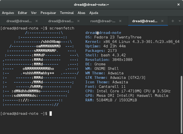screenFetch de uma máquina Fedora 23