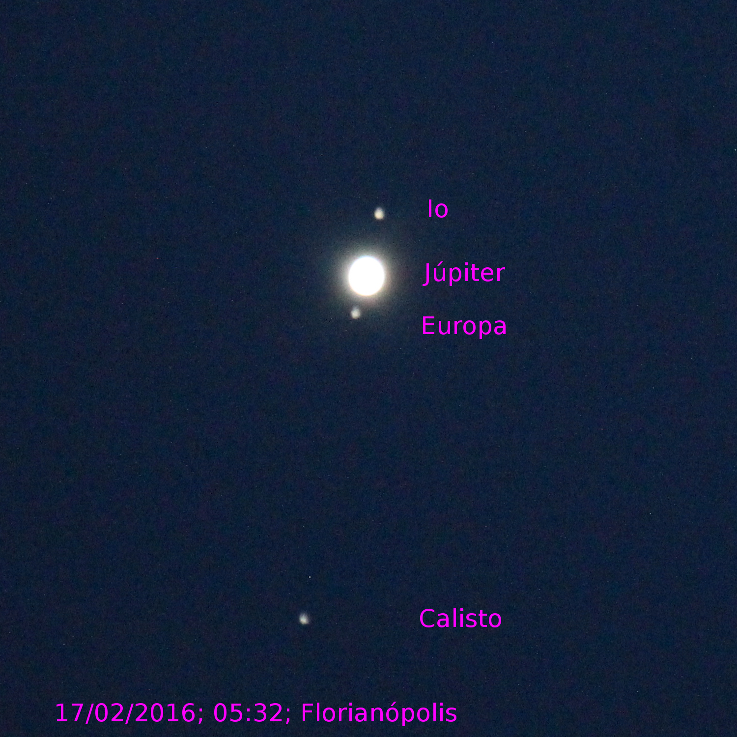 Júpiter e as luas galileanas em 17/02/2016 - Versão legendada